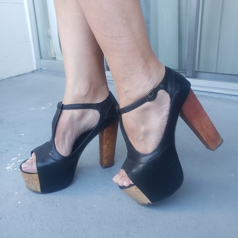 Jeffrey Campbell y2k Foxy Wood Platform black leather Wooden Heel Size 8.5